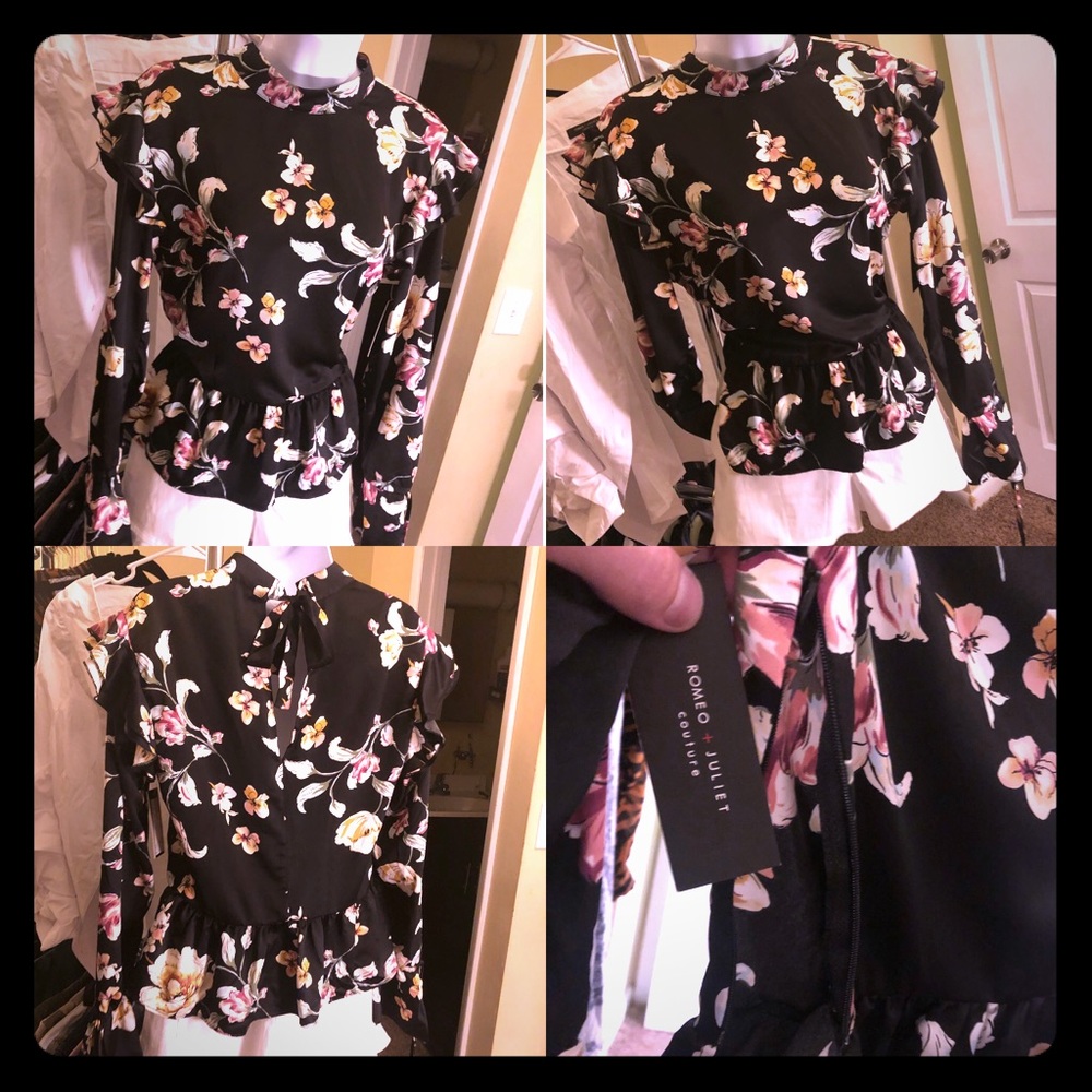 Black peplum blouse with floral print